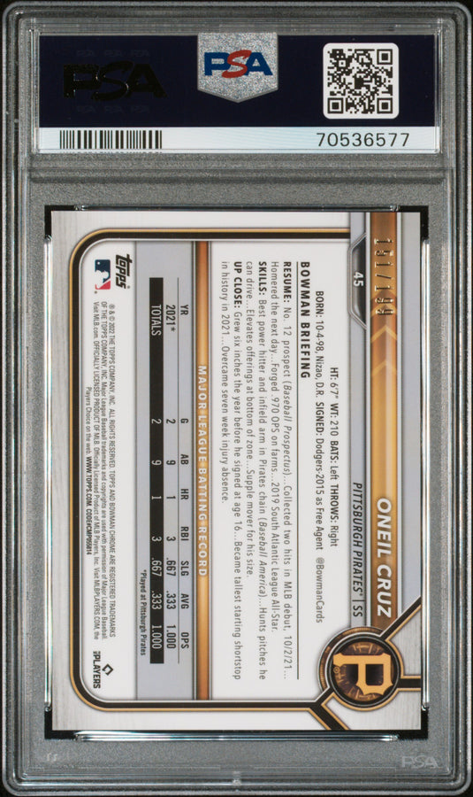 2022 Bowman Chrome Oneil Cruz #45 Aqua Raywave Refractor PSA 9