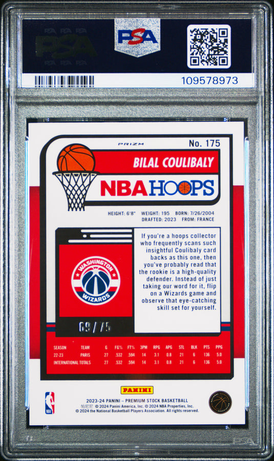 2023 Panini Hoops Premium Stock Bilal Coulibaly #175 Silver Prizm PSA 9
