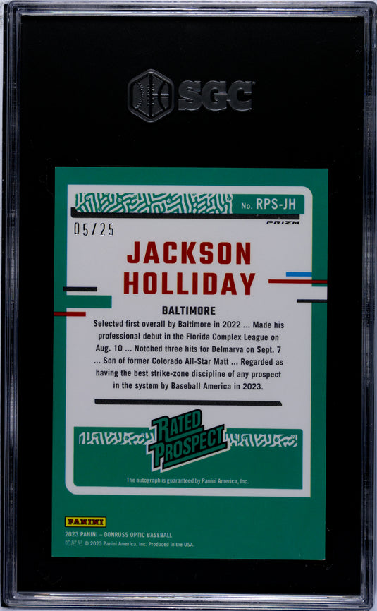 2023 Optic Jackson Holliday #RPS-JH Sigs. Red Mojo Prizm /25 SGC 9.5