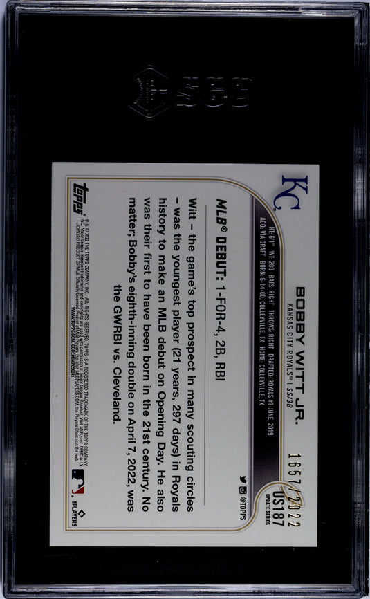 2022 Topps Update Bobby Witt JR. #US187 Rookie Debut Gold SGC 9