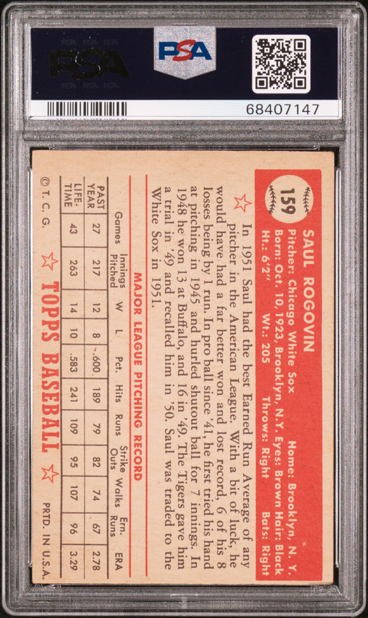 1952 Topps Saul Rogovin #159 PSA 4