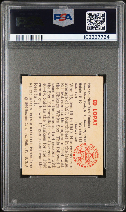 1950 Bowman Ed Lopat #215 PSA 6.5