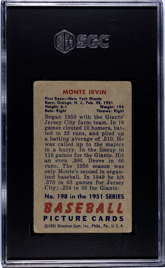 1951 Bowman Monte Irvin #198 SGC 2.5