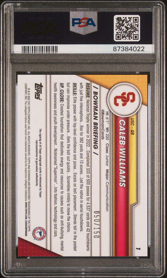2023 Bowman U Chrome Caleb Williams #1 Au Fuchsia Mini Diamond Ref PSA 9