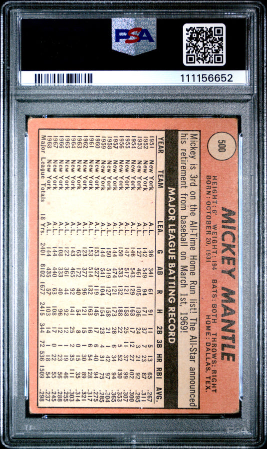 1969 Topps Mickey Mantle #500 Last Name In Yellow PSA 2.5