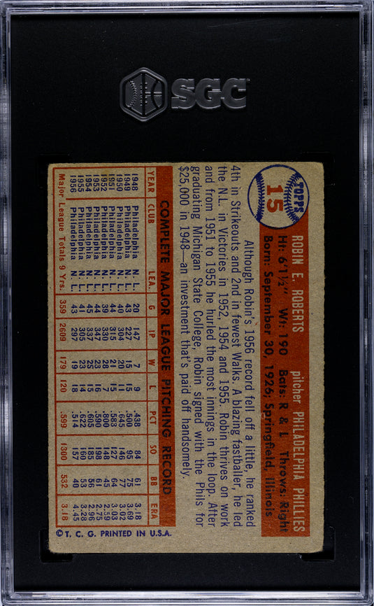 1957 Topps Robin Roberts #15 SGC 3.5