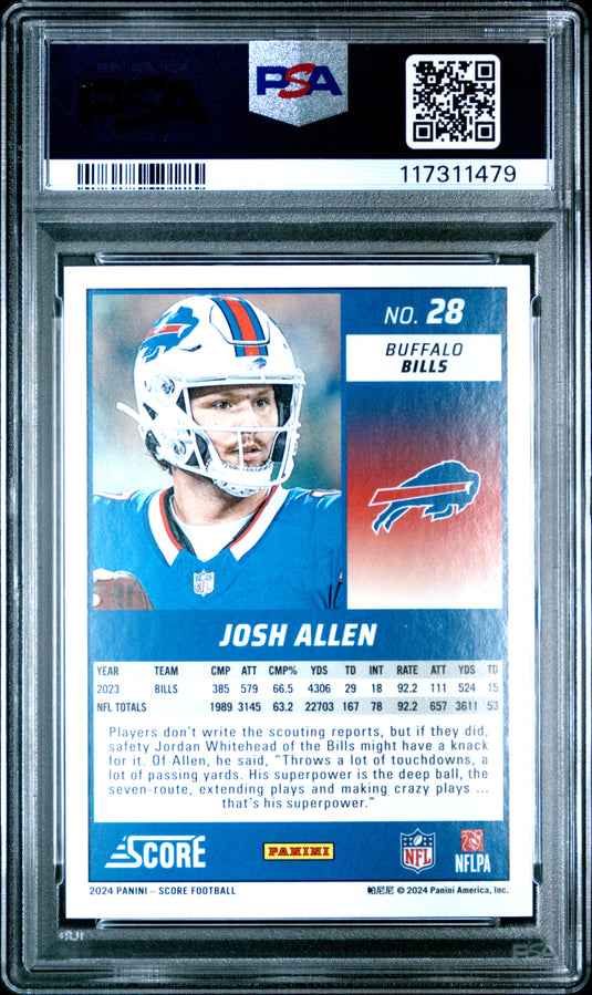 2024 Panini Score Josh Allen #28 End Zone Pop 2 /6 PSA 10