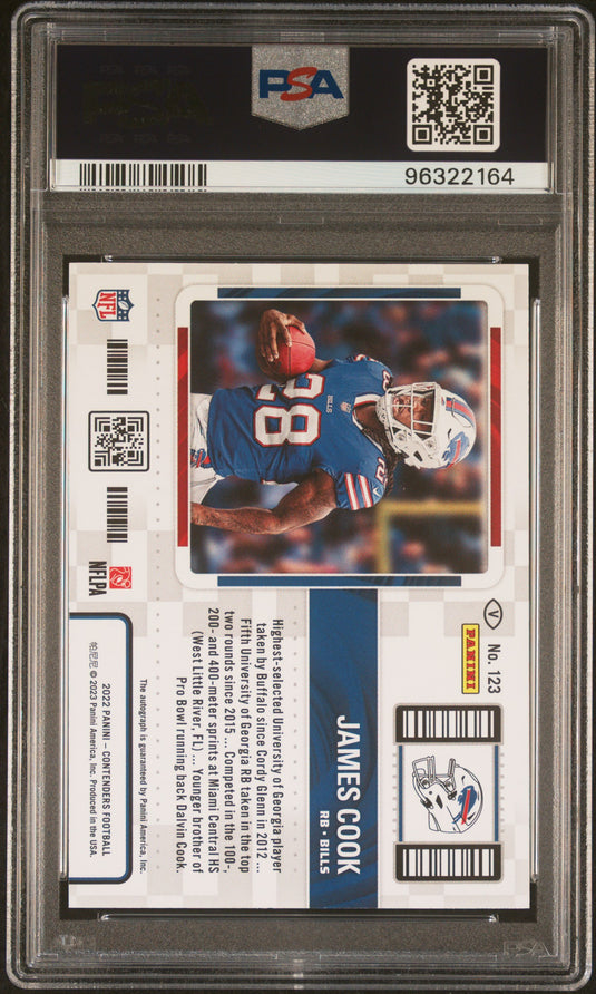 2022 Panini Zenith Contenders Rookie Ticket RPS Preview Autograph James Cook #123 CT. RK. T. RP PV. Au VR Blu /23 PSA 10 Auto 10