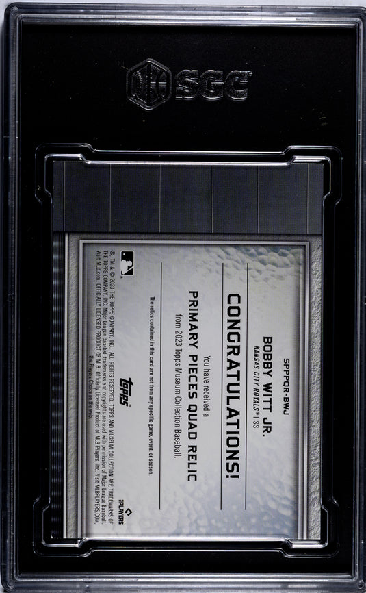 2023 Topps Museum  Bobby Witt JR. #SPPPQR-BWJ  Quad Relic Ruby SGC 8.5