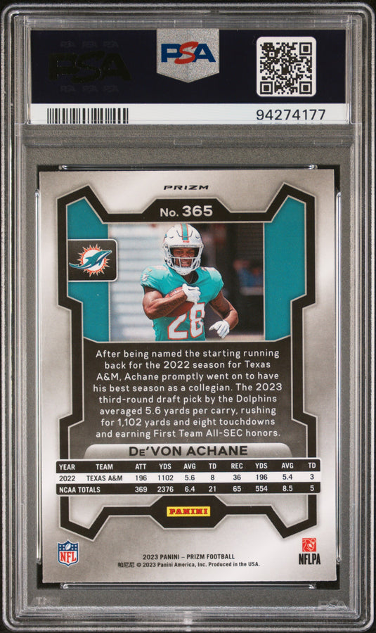 2023 Panini Prizm De'von Achane #365 Neon Green Pulsar PSA 9