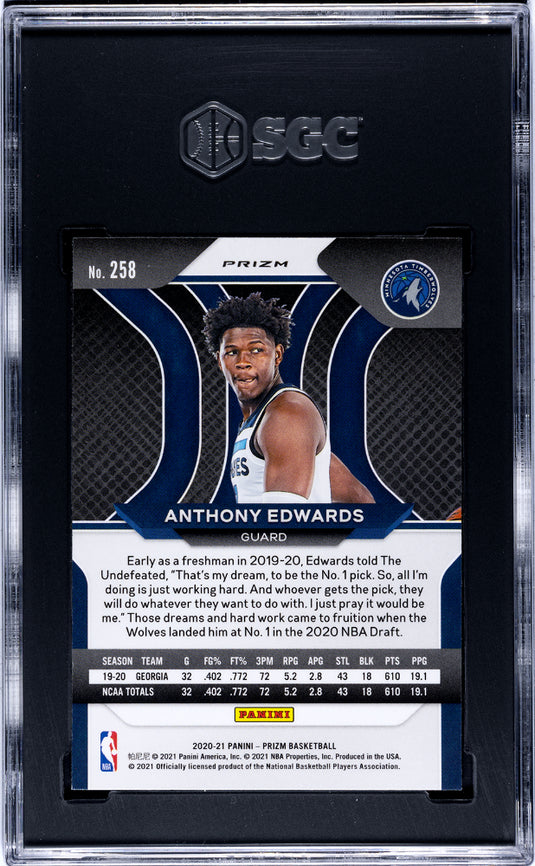 2020 Panini Prizm Anthony Edwards #258 Orange Ice SGC 9