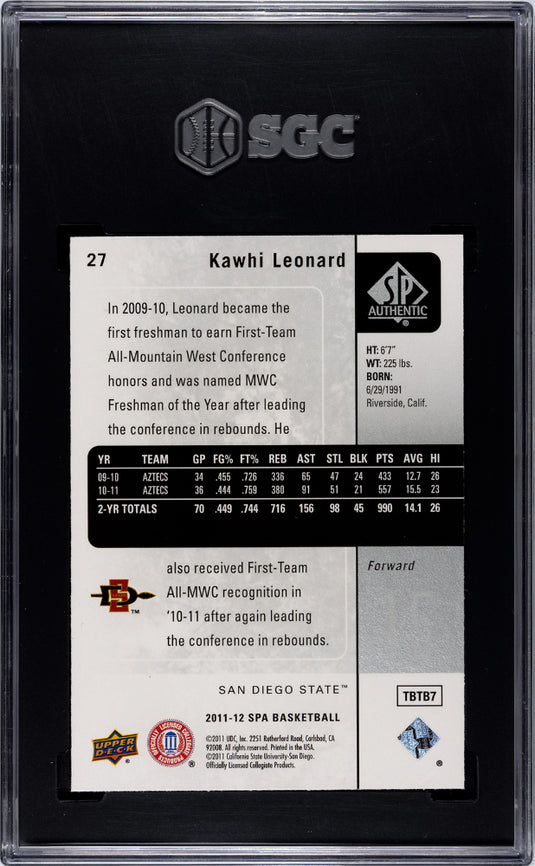2011 Upper Deck SP Authentic Kawhi Leonard #27 SGC 9.5