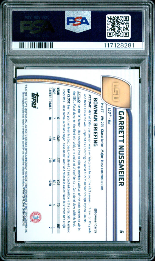 2024 Bowman University Chrome Sapphire Garrett Nussmeier #5 Gold /50 PSA 10