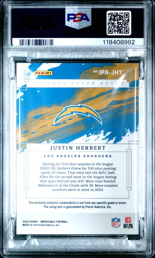 2024 Impeccable Immense Patch Autographs Justin Herbert #IPAJHT Gold /10 PSA 9