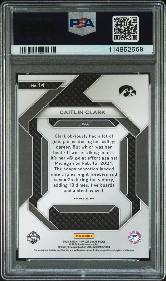 2024 Panini Prizm Draft Picks New Recruits Caitlin Clark #14 Silver PSA 10