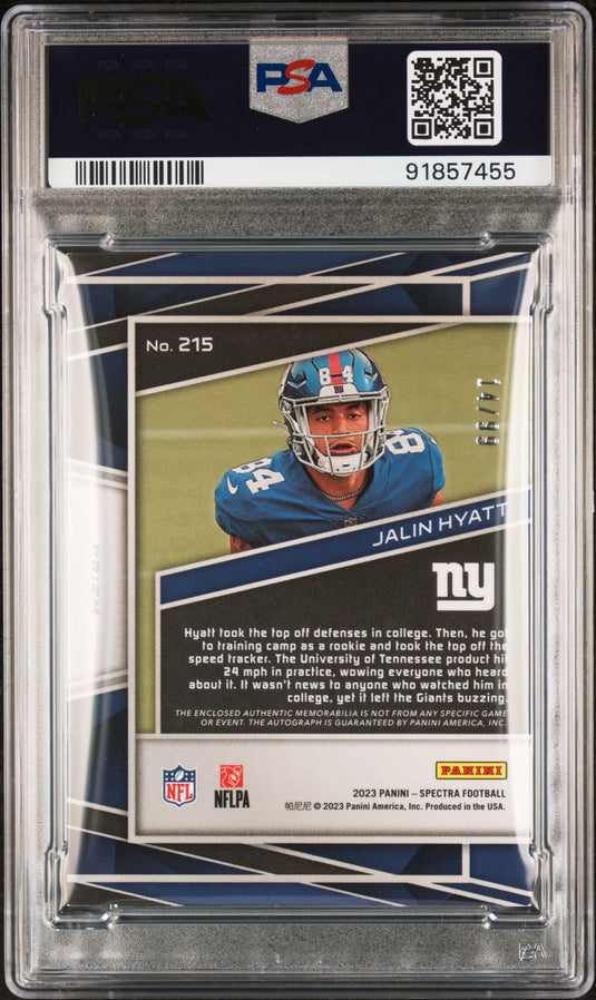 2023 Panini Spectra Jalin Hyatt #215 Patch Autograph PSA 9