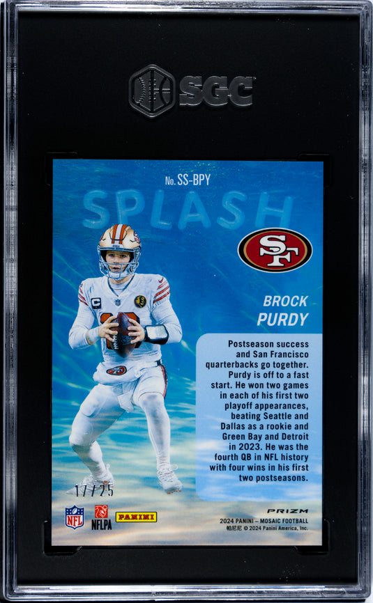 2024 Panini Mosaic Brock Purdy #SS-BPY Splash White Prizm /25 SGC 10