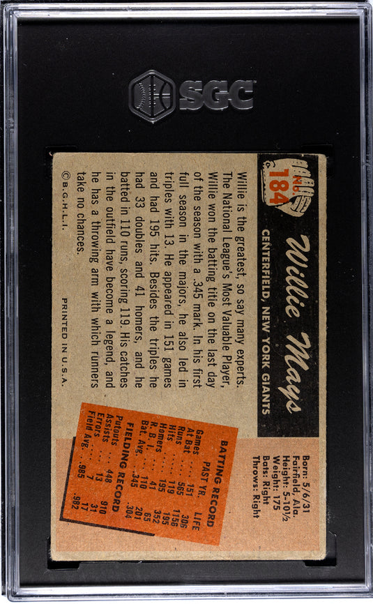 1955 Bowman Willie Mays #184 SGC 2.5