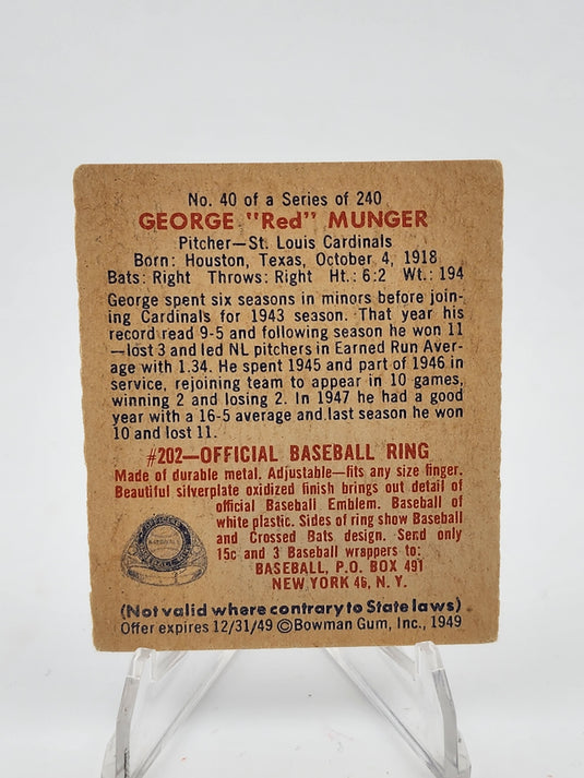 1949 Bowman George 'Red' Munger #40