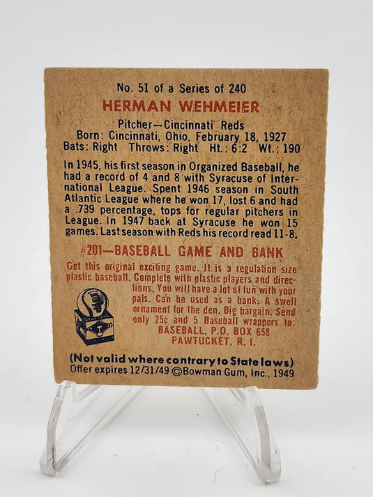 1949 Bowman Herman Wehmeier #51