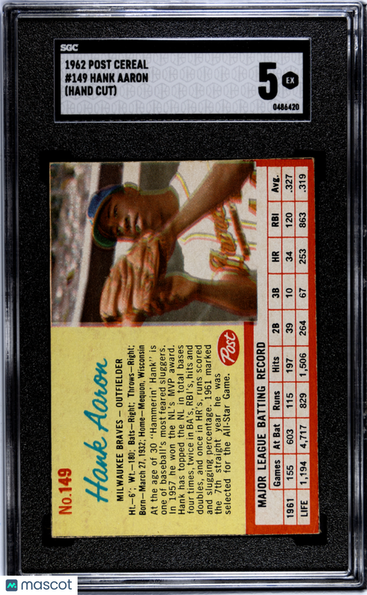 1962 Post Cereal Hank Aaron #149 SGC 5