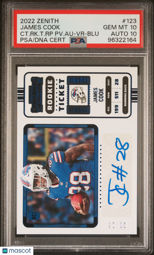 2022 Panini Zenith Contenders Rookie Ticket RPS Preview Autograph James Cook #123 CT. RK. T. RP PV. Au VR Blu /23 PSA 10 Auto 10