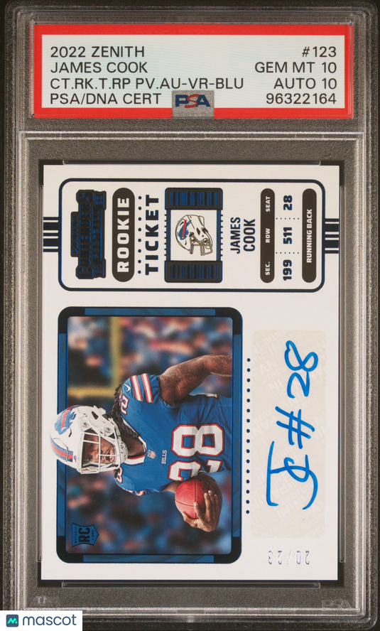 2022 Panini Zenith Contenders Rookie Ticket RPS Preview Autograph James Cook #123 CT. RK. T. RP PV. Au VR Blu /23 PSA 10 Auto 10